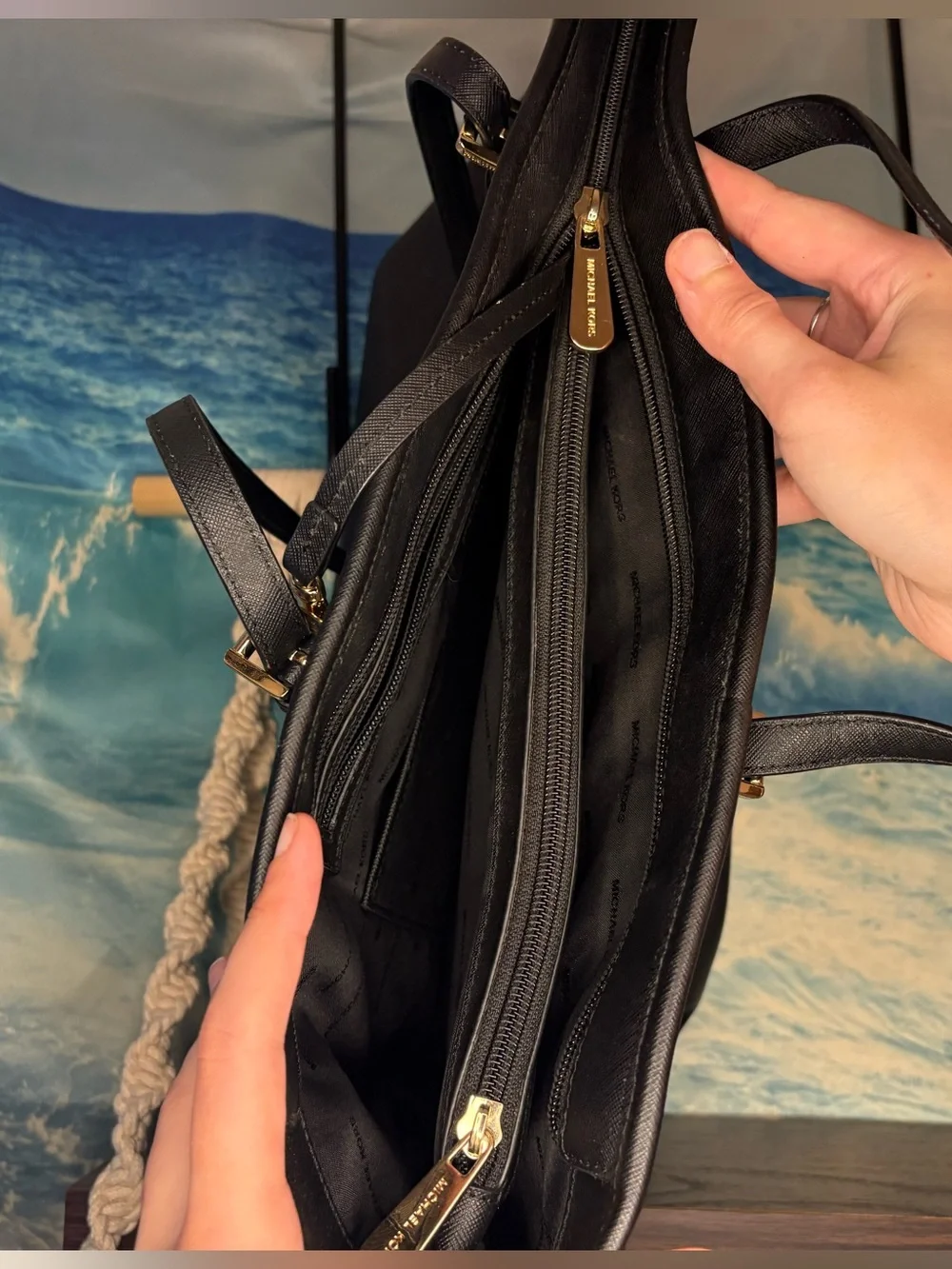 Michael Kors Black Leather Tote with Logo Charm and Gold Accents